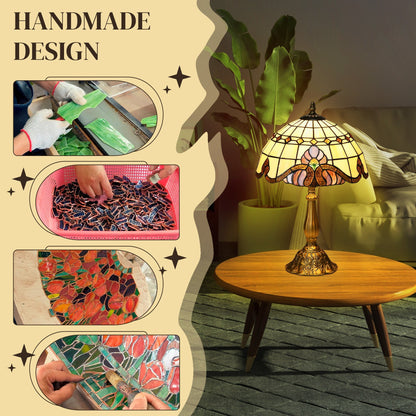 The table lamp next to small insets showing the artisan process of creating the glass shade