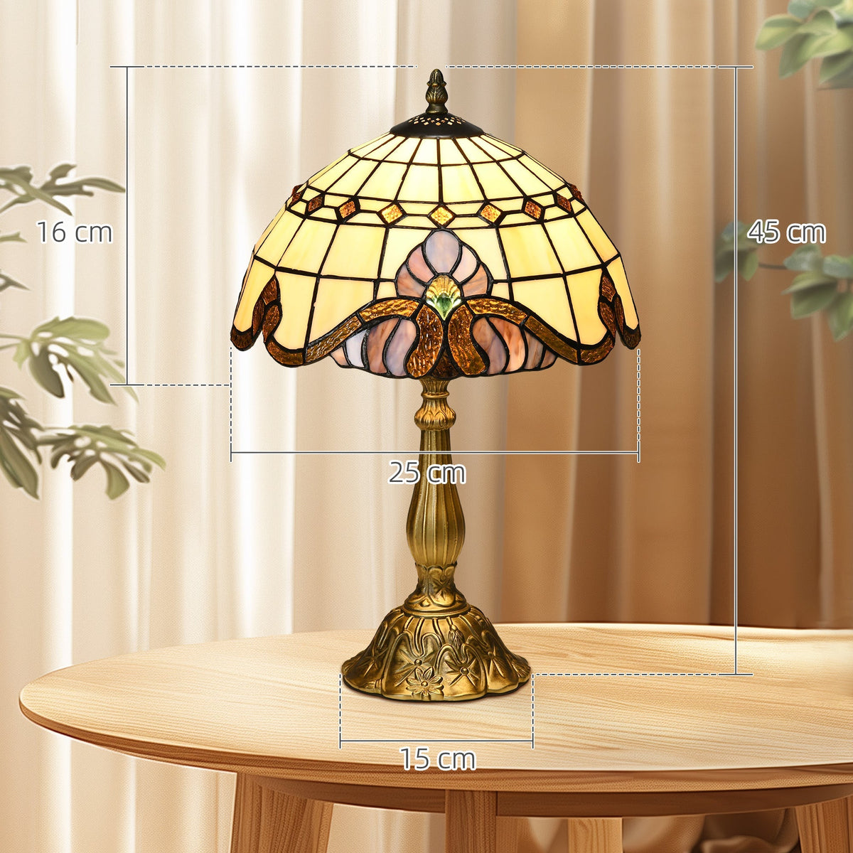 The table lamp shown with dimension lines indicating its height and width on a wooden table