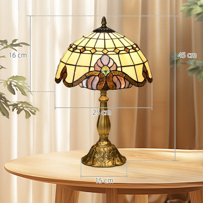The table lamp shown with dimension lines indicating its height and width on a wooden table