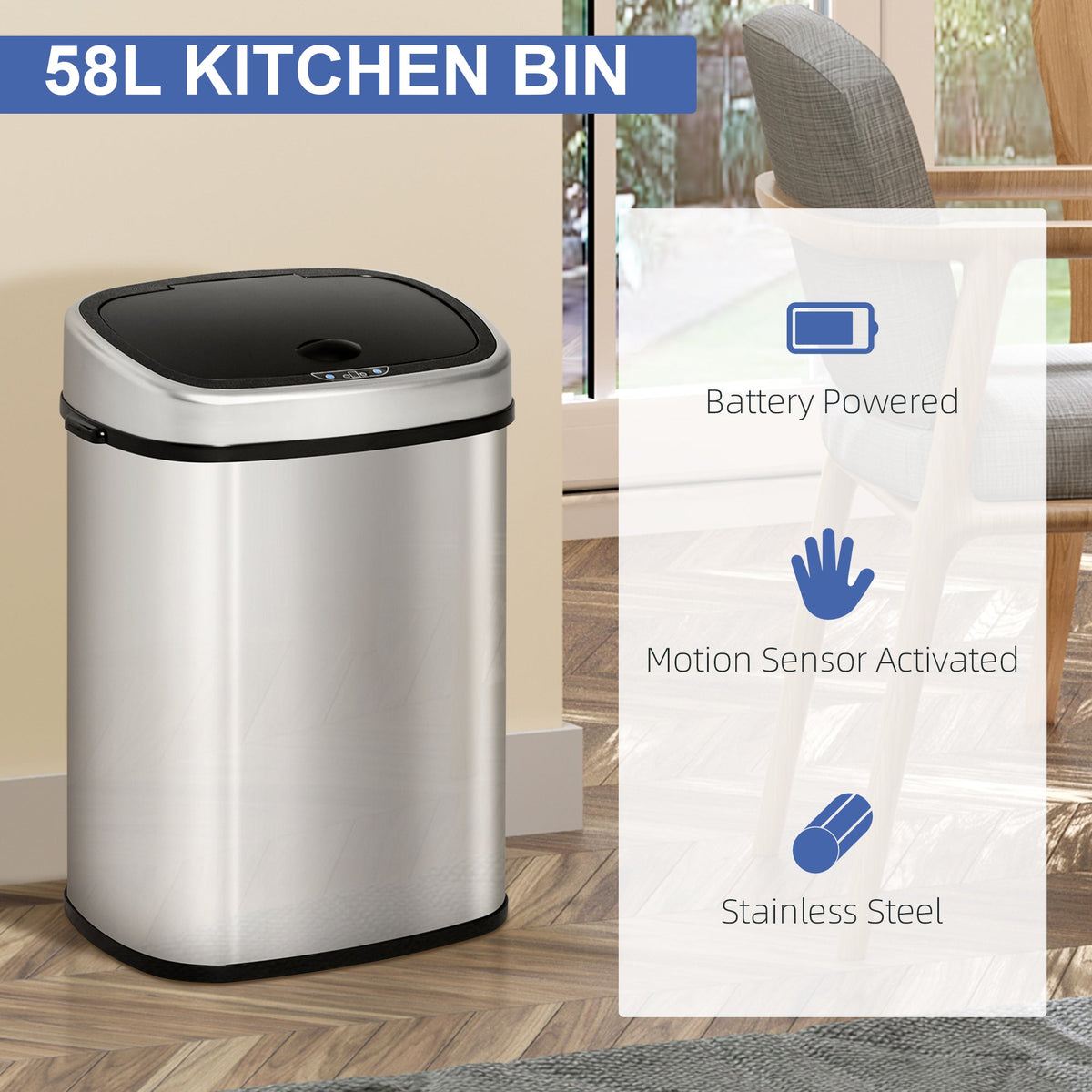 The 58L kitchen bin is battery powered and motion sensor activated