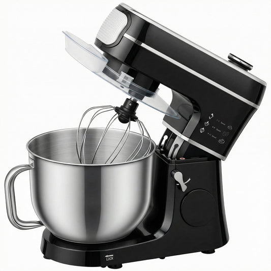 HOMCOM Stand Mixer in black with a silver mixing bowl and whisk attachment, tilted head for access
