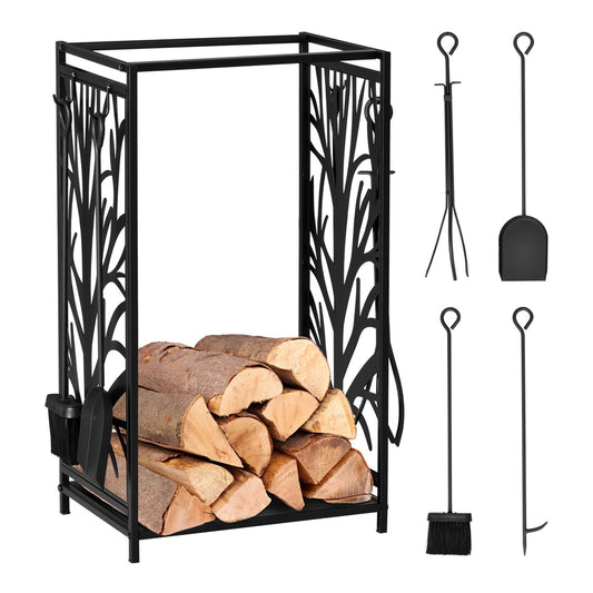 HOMCOM Steel Firewood Log Holder filled with logs and four separate fireplace tools on the side