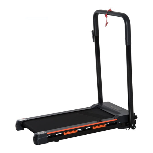 HOMCOM Steel Folding Motorized Home Treadmill with black frame and orange accents