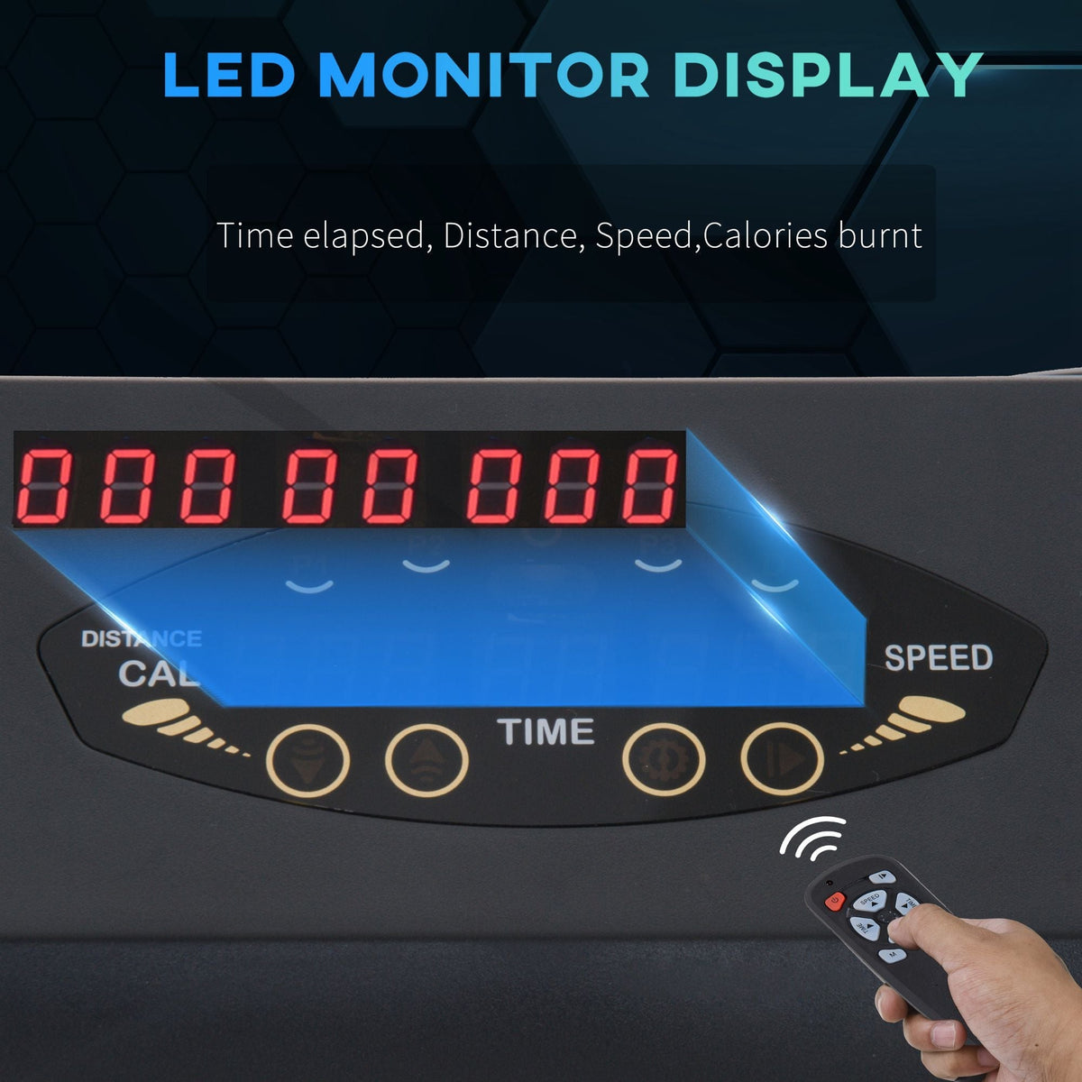 Close up of the LED monitor display and remote control for the motorised home treadmill