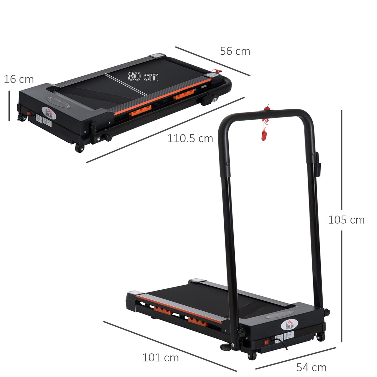 Dimensions shown for the folded and unfolded motorised home treadmill