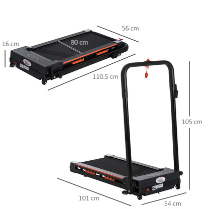Dimensions shown for the folded and unfolded motorised home treadmill
