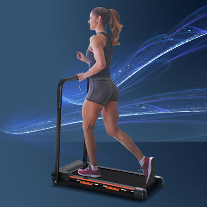 A woman runs on the motorised home treadmill in a studio setting
