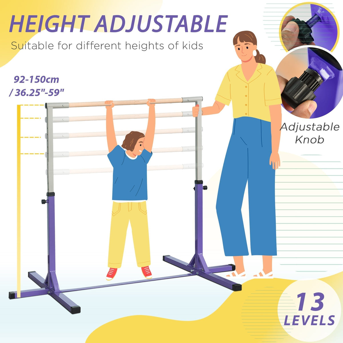 Kids gymnastics bar with height adjustment options shown with a child and adult