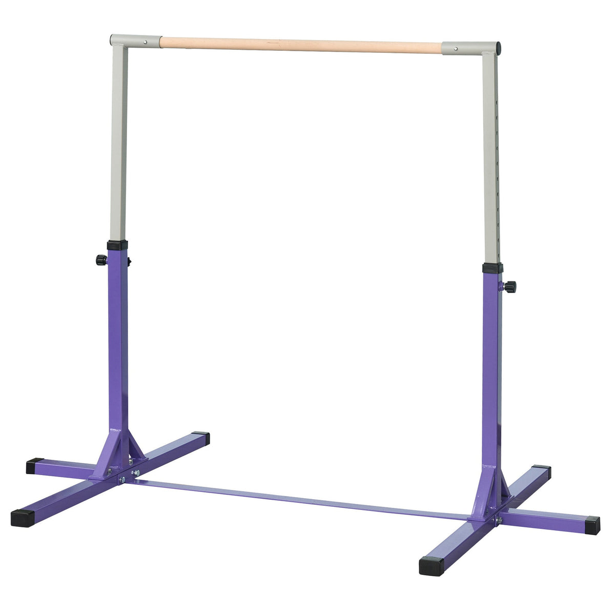HOMCOM Steel Frame Adjustable Horizonal Gymnastics Bar in purple with a wooden bar