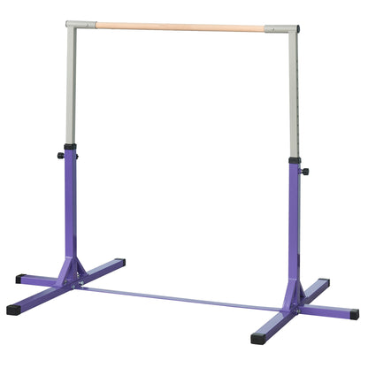 HOMCOM Steel Frame Adjustable Horizonal Gymnastics Bar in purple with a wooden bar