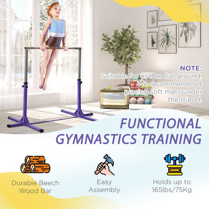 The gymnastics bar with text overlays explaining the product features and assembly