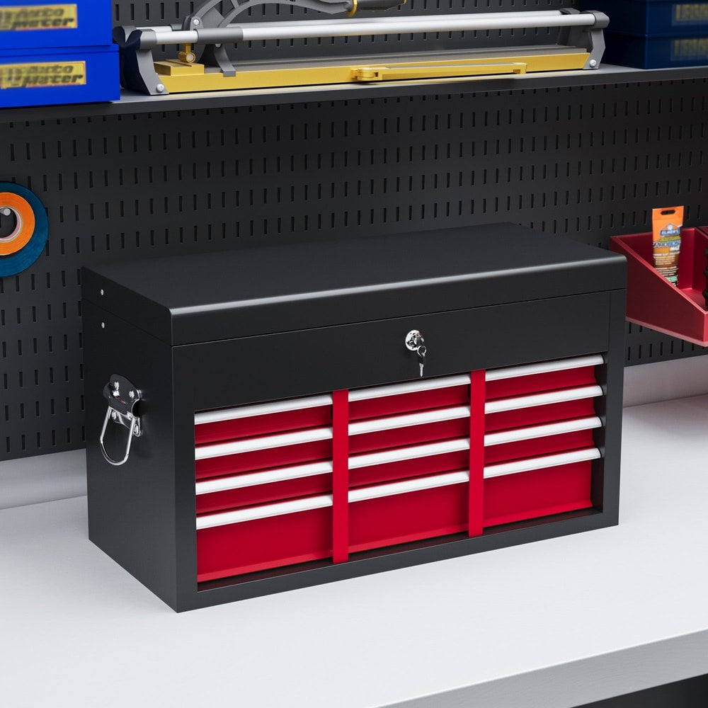 The red and black six drawer tool storage carry chest on a shelf