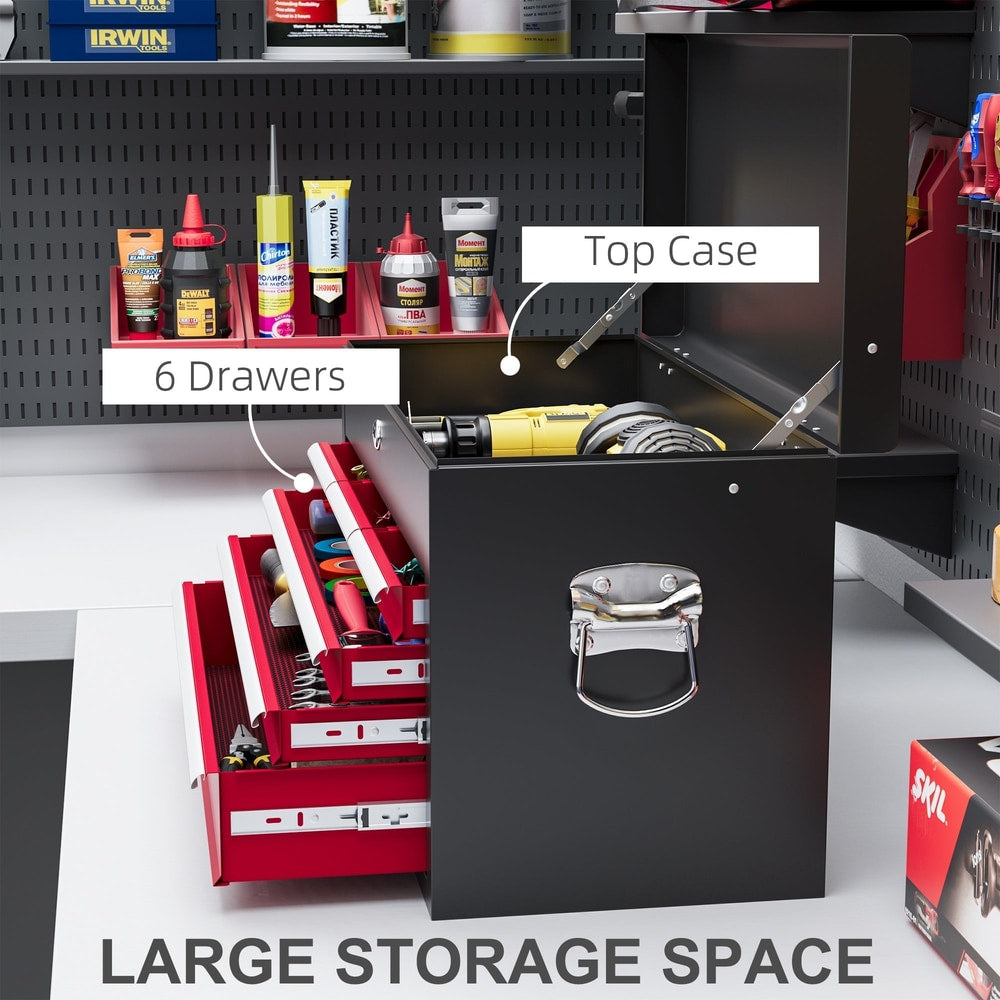 The six drawer tool storage carry chest with the top open and drawers extended showing contents