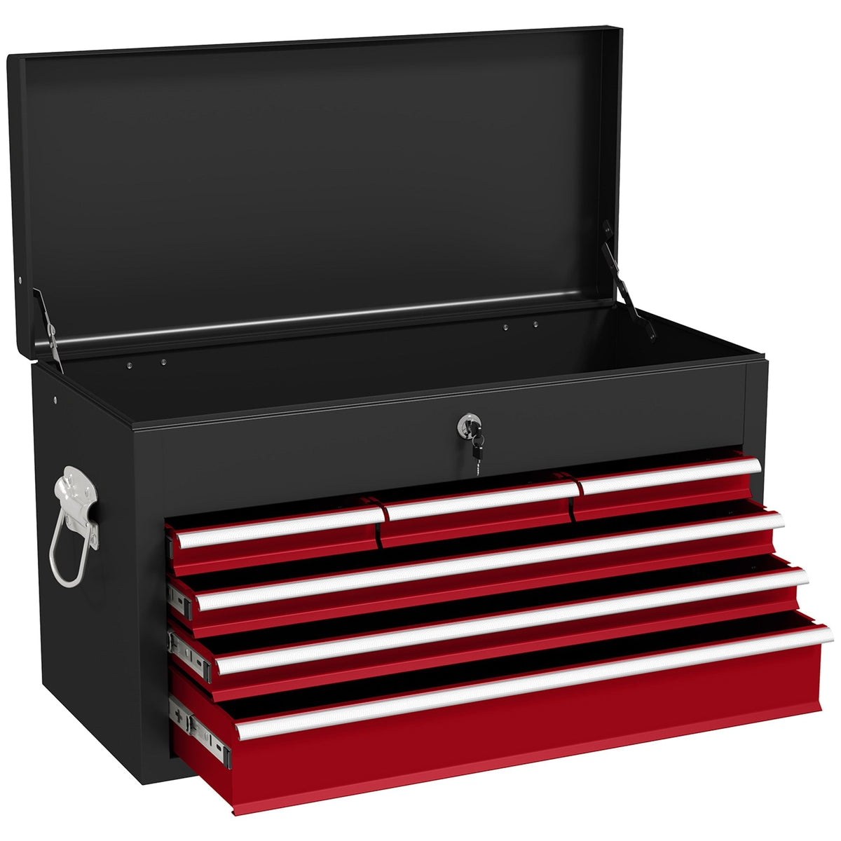 HOMCOM Steel Six Drawer Tool Storage Carry Chest with lid open and drawers extended