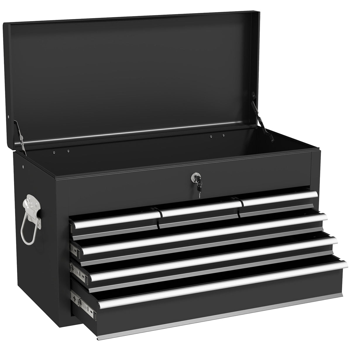 HOMCOM Steel Six Drawer Tool Storage Carry Chest with the lid open and drawers partially extended