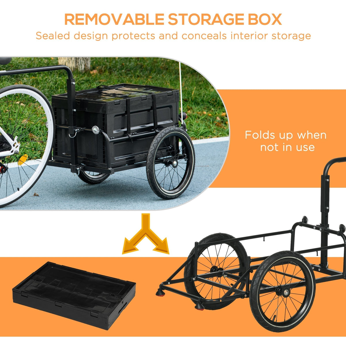 The cargo trailer with the storage box removed to show the empty metal frame base underneath