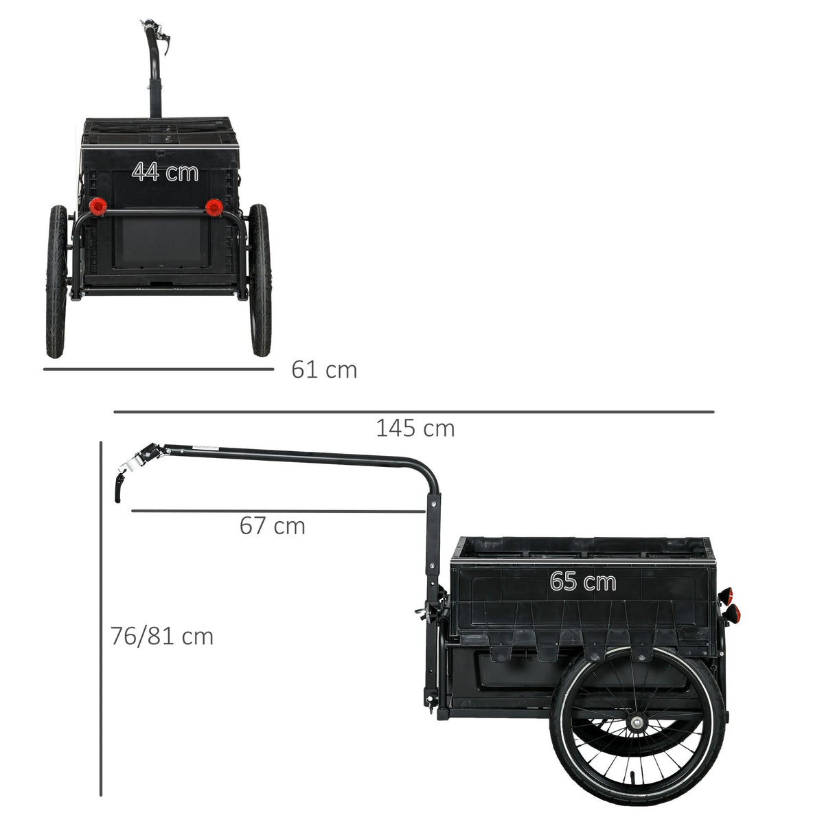 The cargo trailer shown from the side and back with lines indicating dimensions in centimetres