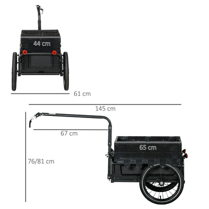 The cargo trailer shown from the side and back with lines indicating dimensions in centimetres