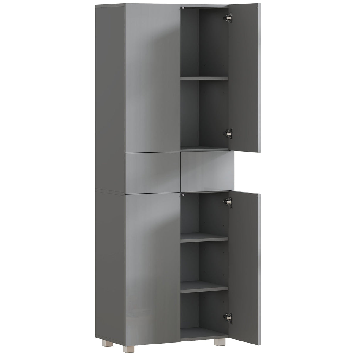 HOMCOM Storage Cabinet, a tall grey high gloss kitchen cupboard with two doors open showing shelves