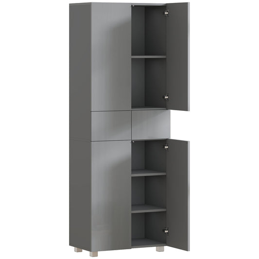 HOMCOM Storage Cabinet, a tall grey high gloss kitchen cupboard with two doors open showing shelves