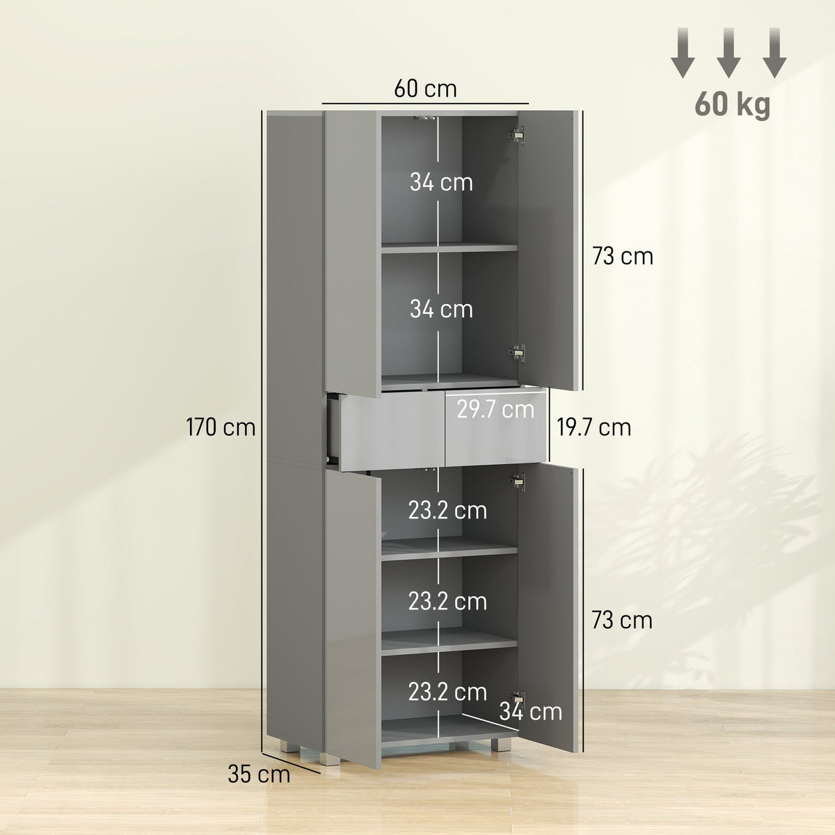 A size diagram of the tall grey high gloss kitchen cupboard with dimensions marked