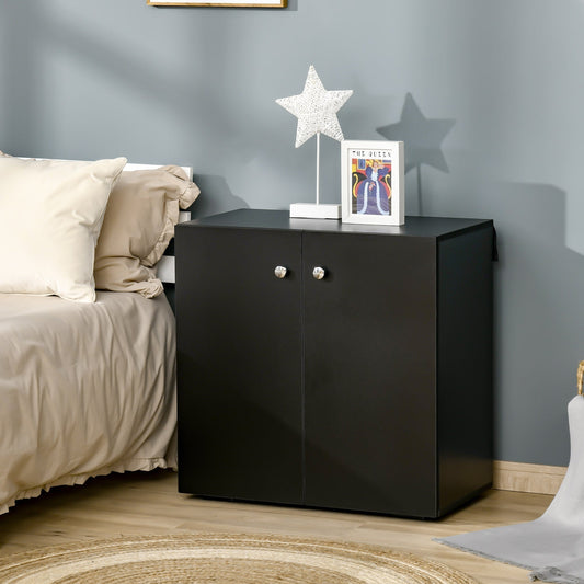 The black storage cabinet is shown next to a bed in a bedroom setting