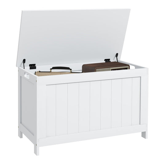 HOMCOM Storage Chest, a white wooden toy box with cut-out handles and a slatted front