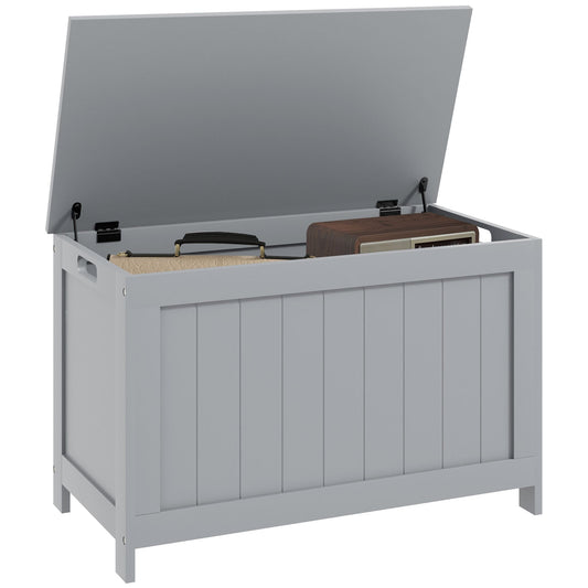 HOMCOM Storage Chest, a grey wooden toy box with cut-out handles and a slatted front