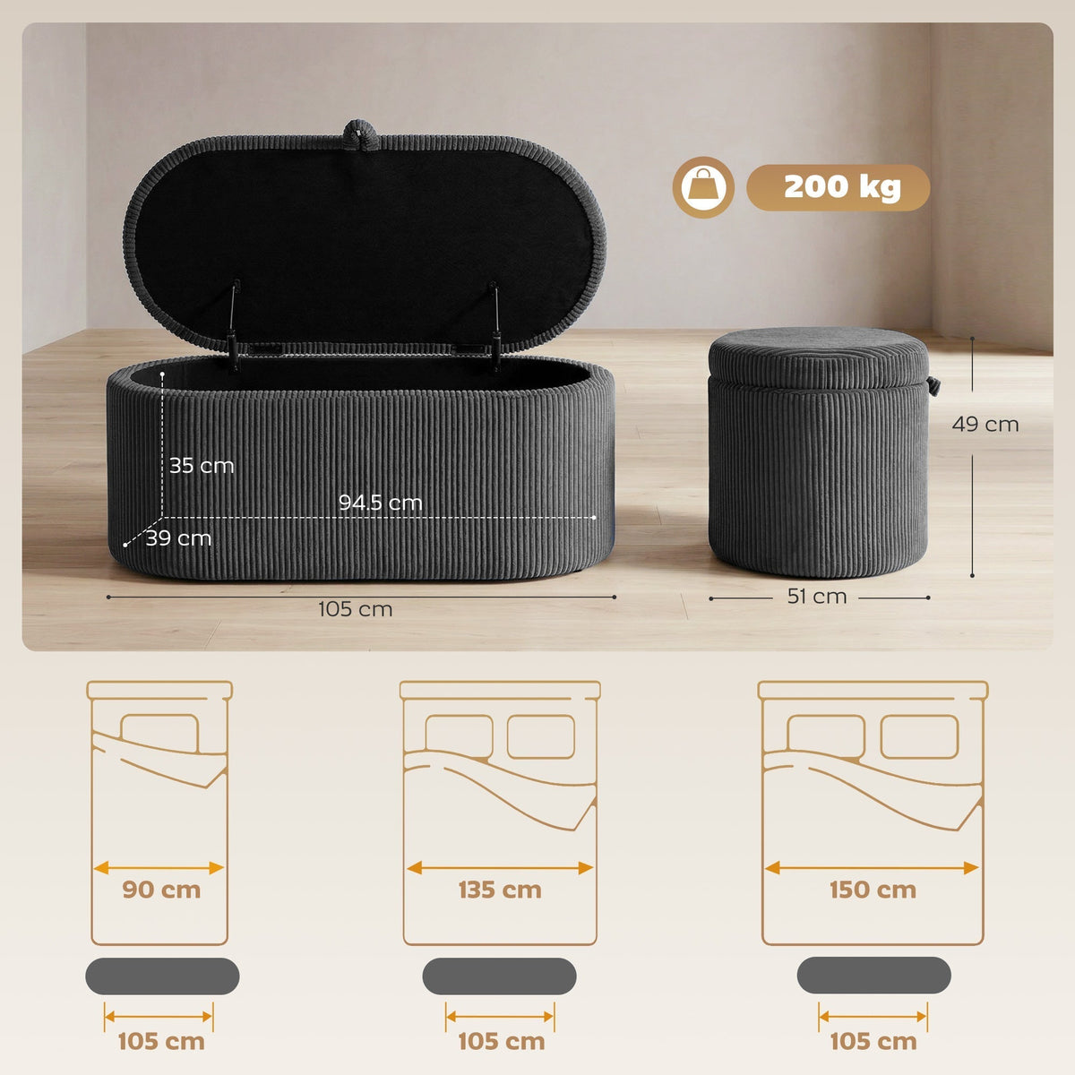 size diagram showing dimensions of the corduroy storage ottoman and a small stool