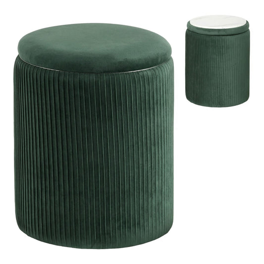 HOMCOM Storage Ottoman round foot stool in dark green velvet with pleated sides