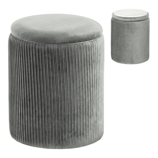 HOMCOM Storage Ottoman round foot stool in grey velvet with vertical ribbed detailing