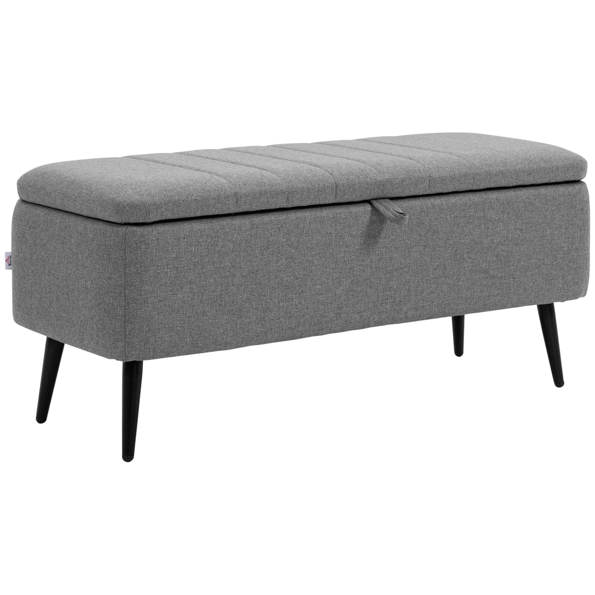 HOMCOM Storage Ottoman with Flip Top, a grey upholstered bench with a hinged lid and four black legs