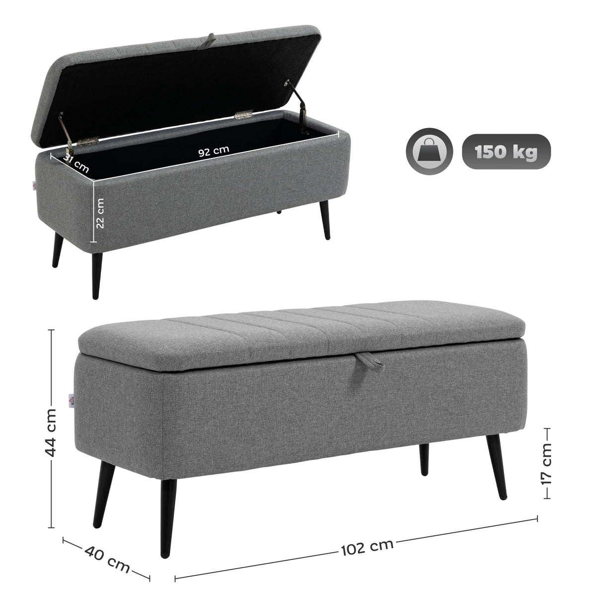 Dimensions of the grey storage bench, showing height, width, and depth