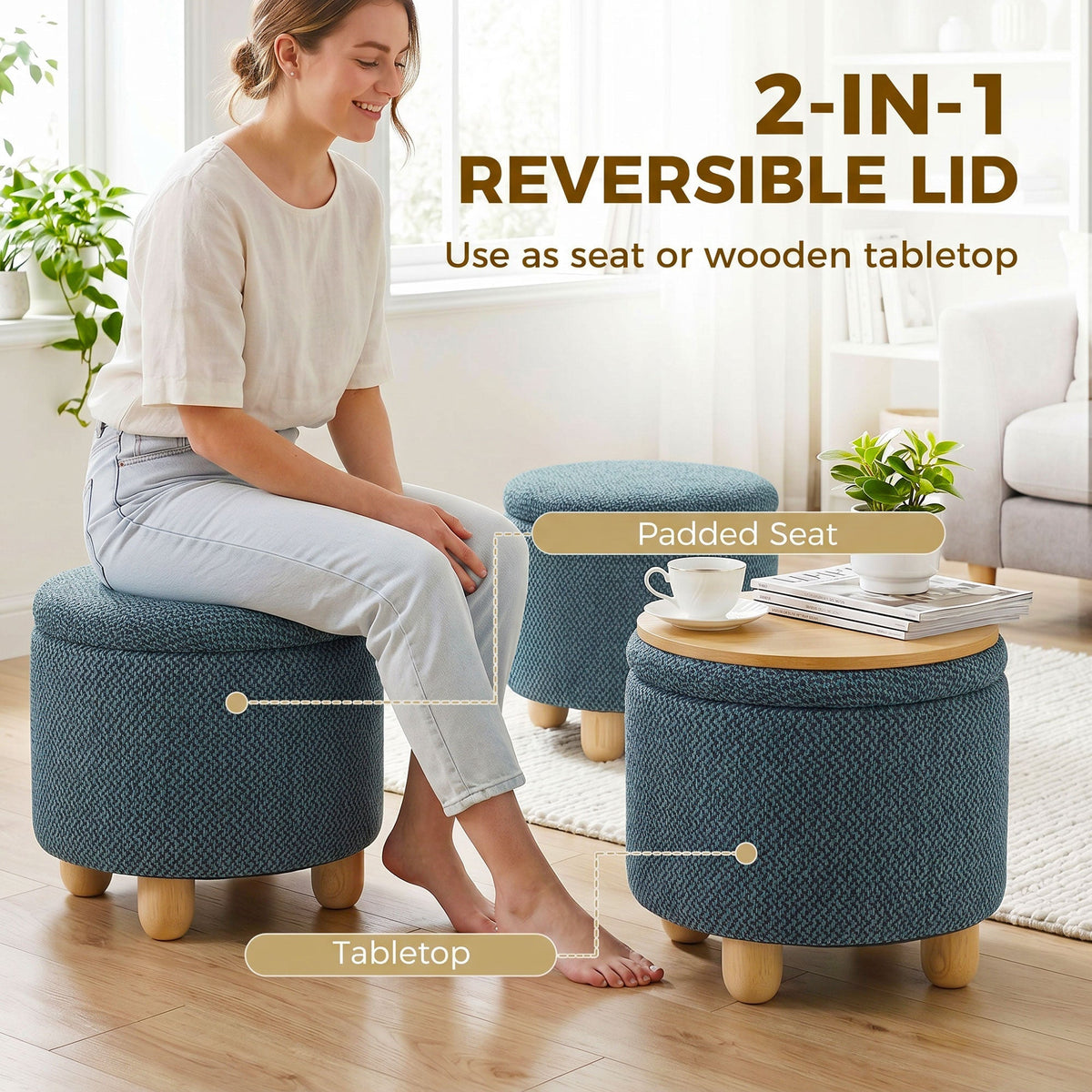 A round storage ottoman with a reversible lid that can be used as a padded seat or a wooden tabletop