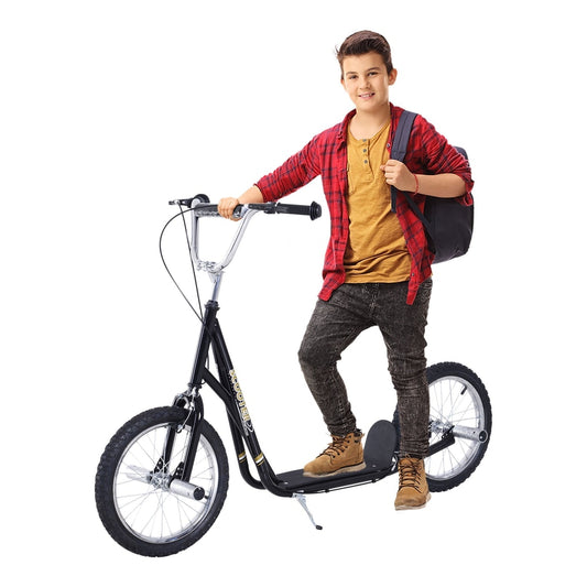 HOMCOM Stunt Scooter, a black kids scooter with large wheels and a boy standing on it