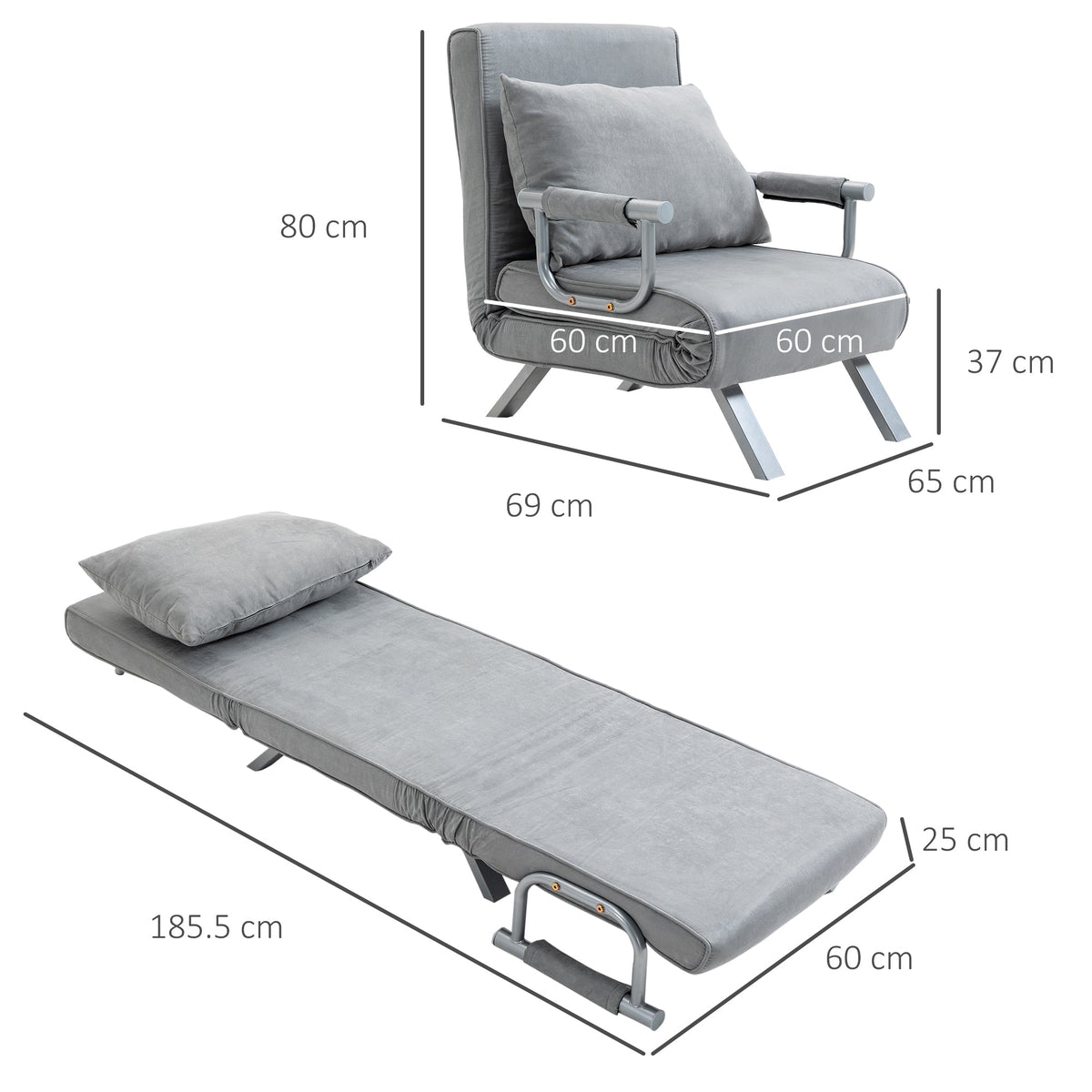 The sofa chair shown in both upright and flat positions with various dimension lines