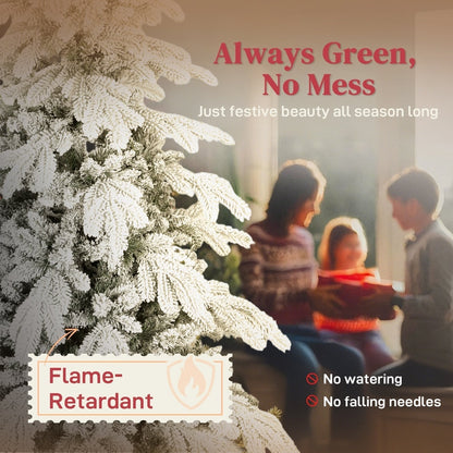 Close up of the flocked branches of the white Christmas tree, highlighting its flame-retardant quality