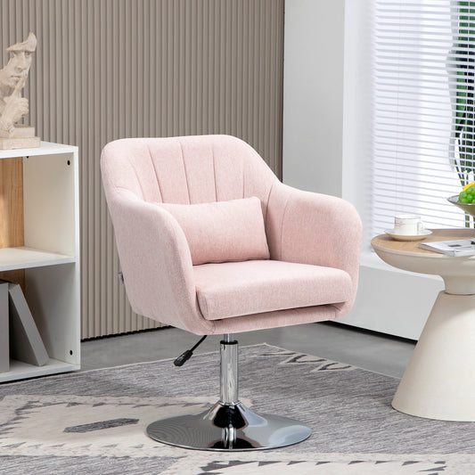 The pink accent chair placed in a modern living room next to a small side table