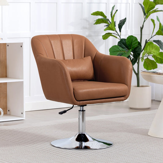 The swivel armchair placed in a bright living room next to a white shelf and a green plant