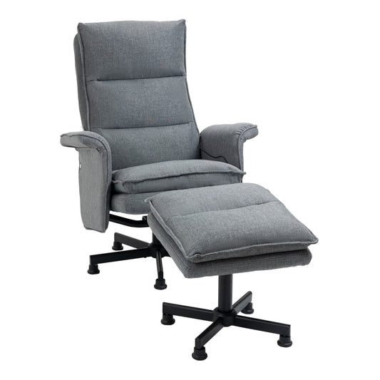 HOMCOM Swivel Recliner Chair and Footstool in grey fabric with a black steel base on a white background