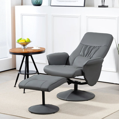 The grey swivel recliner chair and footstool placed in a bright living room next to a side table
