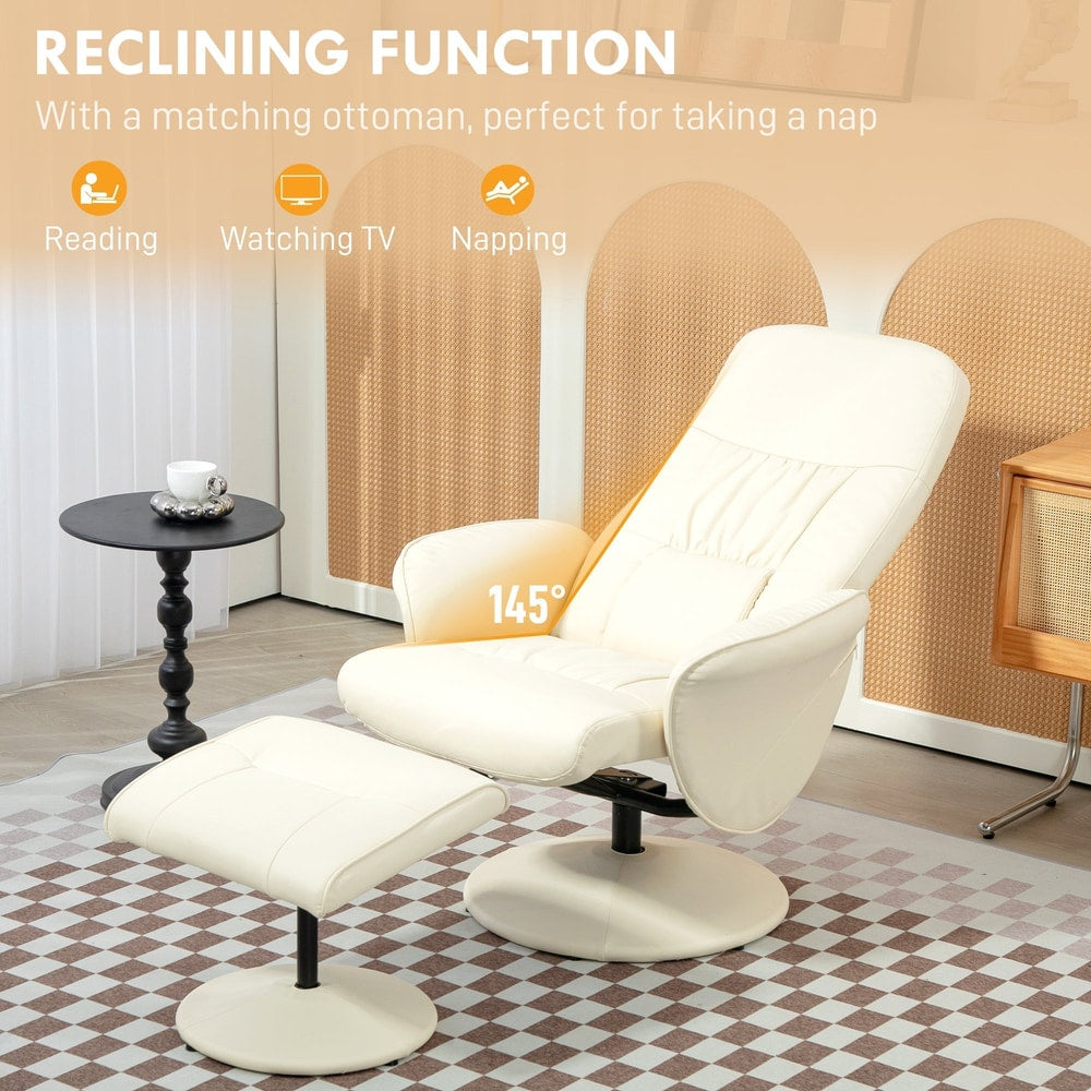 Cream white PU leather armchair and ottoman reclined for comfort