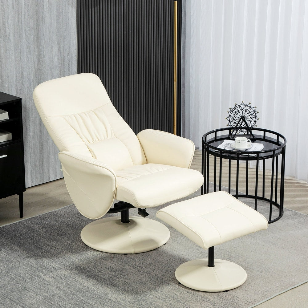 Cream white PU leather armchair and ottoman in a modern living room setting