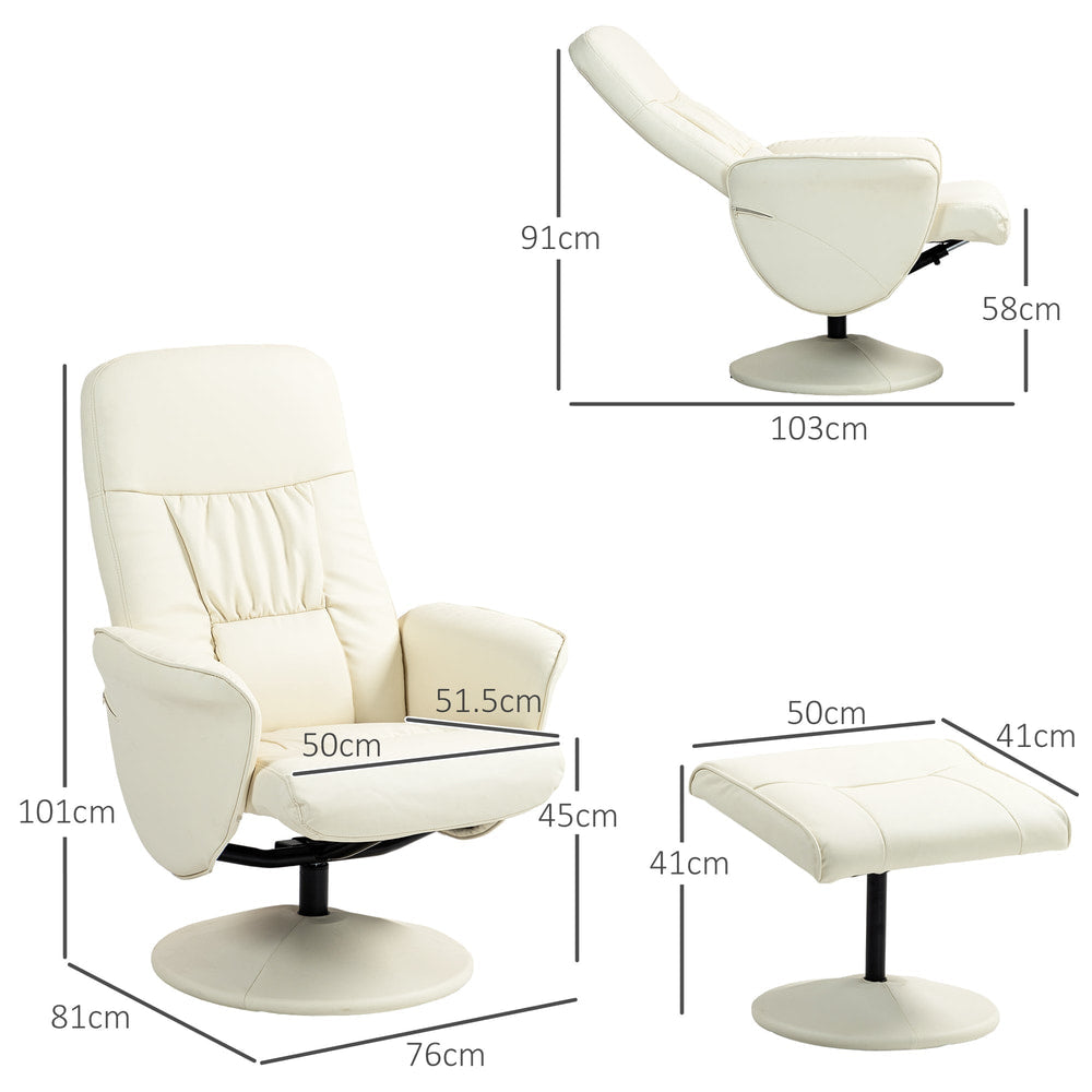 Cream white PU leather armchair and ottoman with dimensions shown