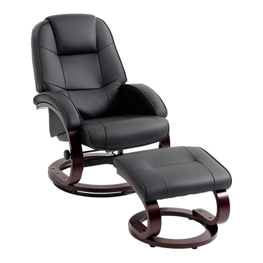 HOMCOM Swivel Recliner Chair with Footstool, a black PU leather armchair with a wooden base and matching footstool