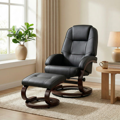 Black PU leather recliner armchair and footstool set in a living room setting