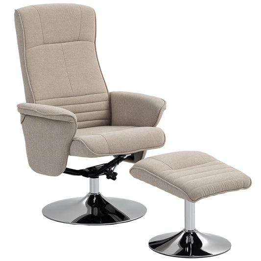 HOMCOM Swivel Recliner Chair with Footstool in beige fabric with a shiny chrome circular base
