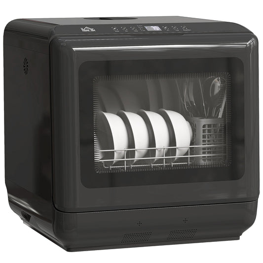 HOMCOM 6L Five-Mode Tabletop Dishwasher in black with a glass door showing plates and cutlery inside