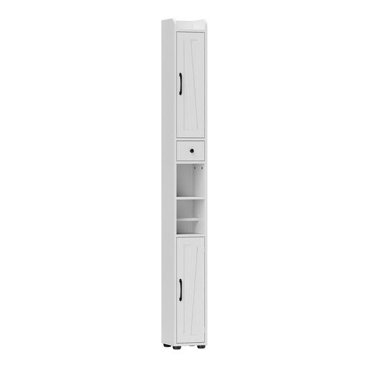 HOMCOM Tall Bathroom Cabinet, a slim white storage unit with barn doors and a drawer
