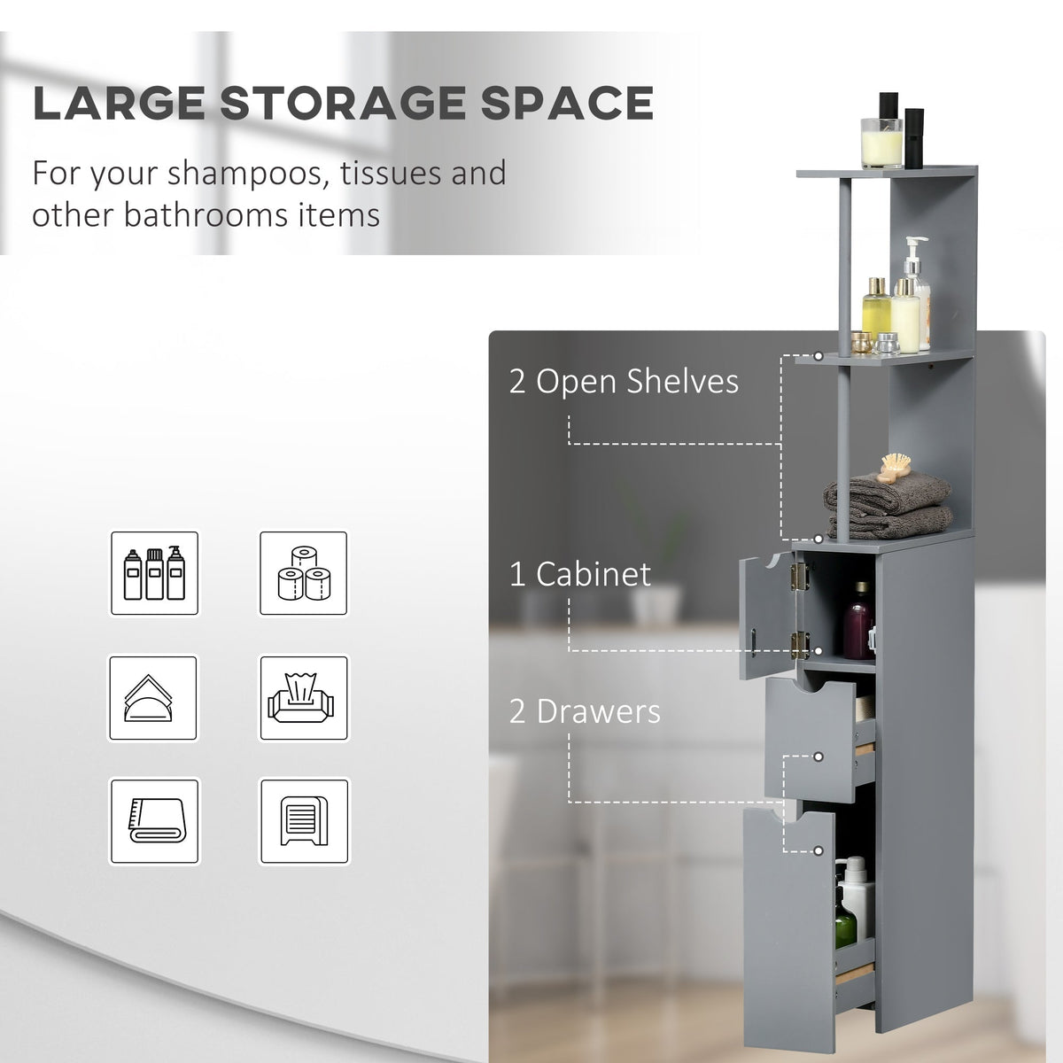 The bathroom storage cabinet with its features highlighted, showing shelves and drawers
